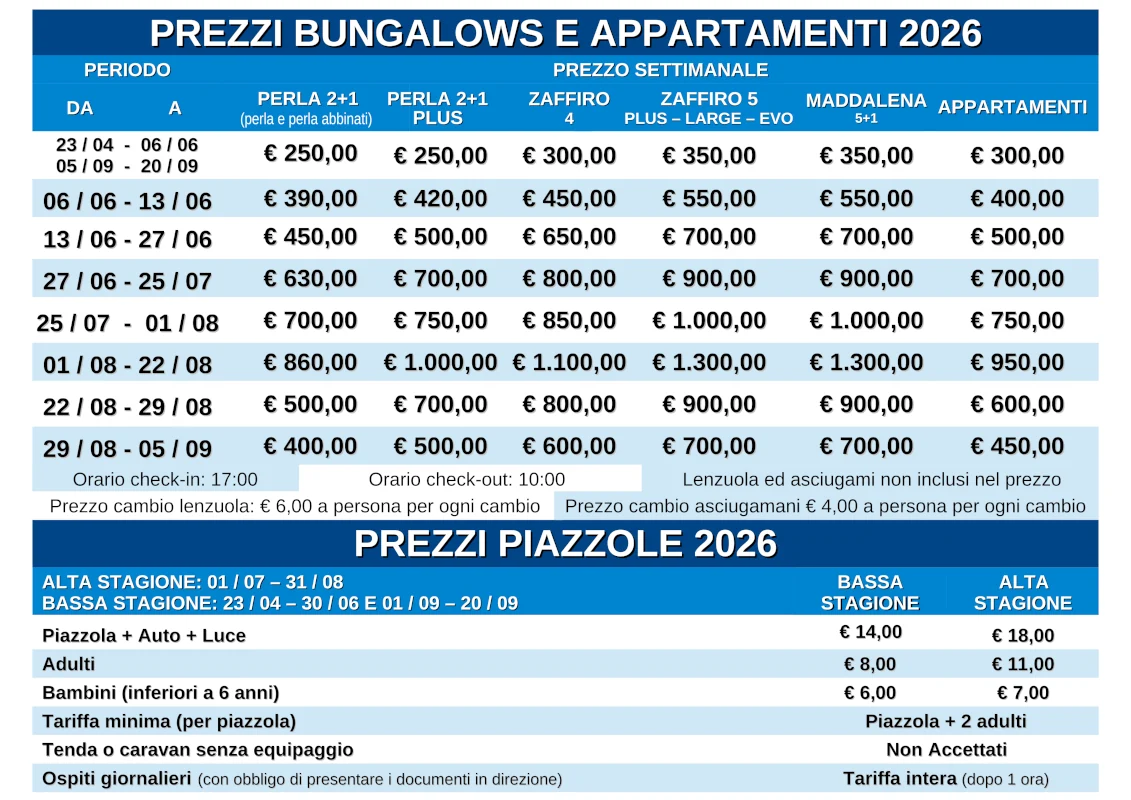 Prezzi campeggio, bungalow Marche mare